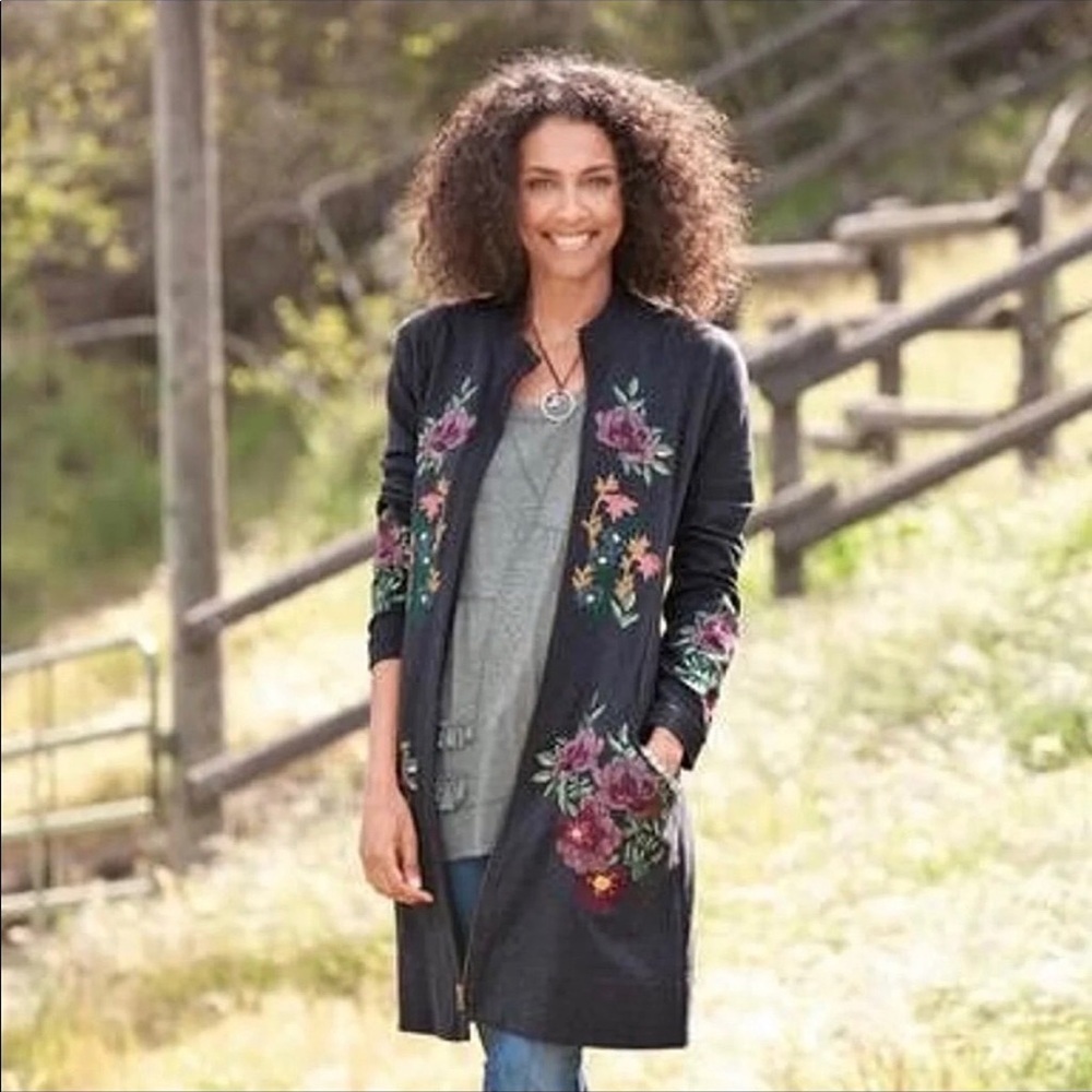 Sundance Gray Floral Embroidered Long Jacket